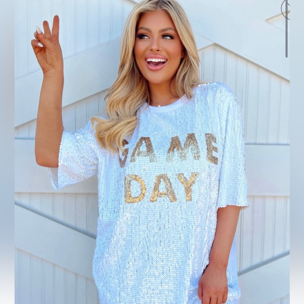 NWT white sequined game day dress w/gold sequin letters.  bought from a boutique